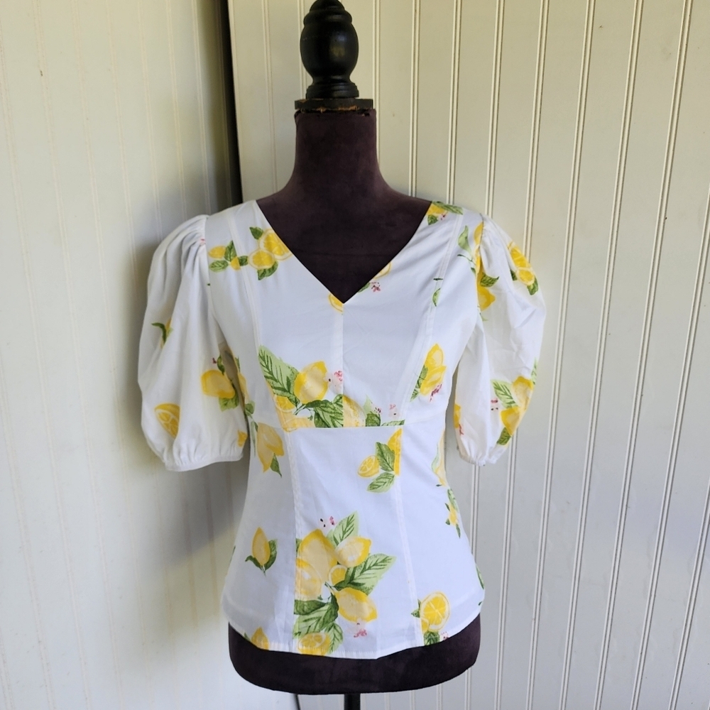Rachel Parcell Smocked Top White Yellow Lemons Puff Sleeve Cotton Blend Sz XS
